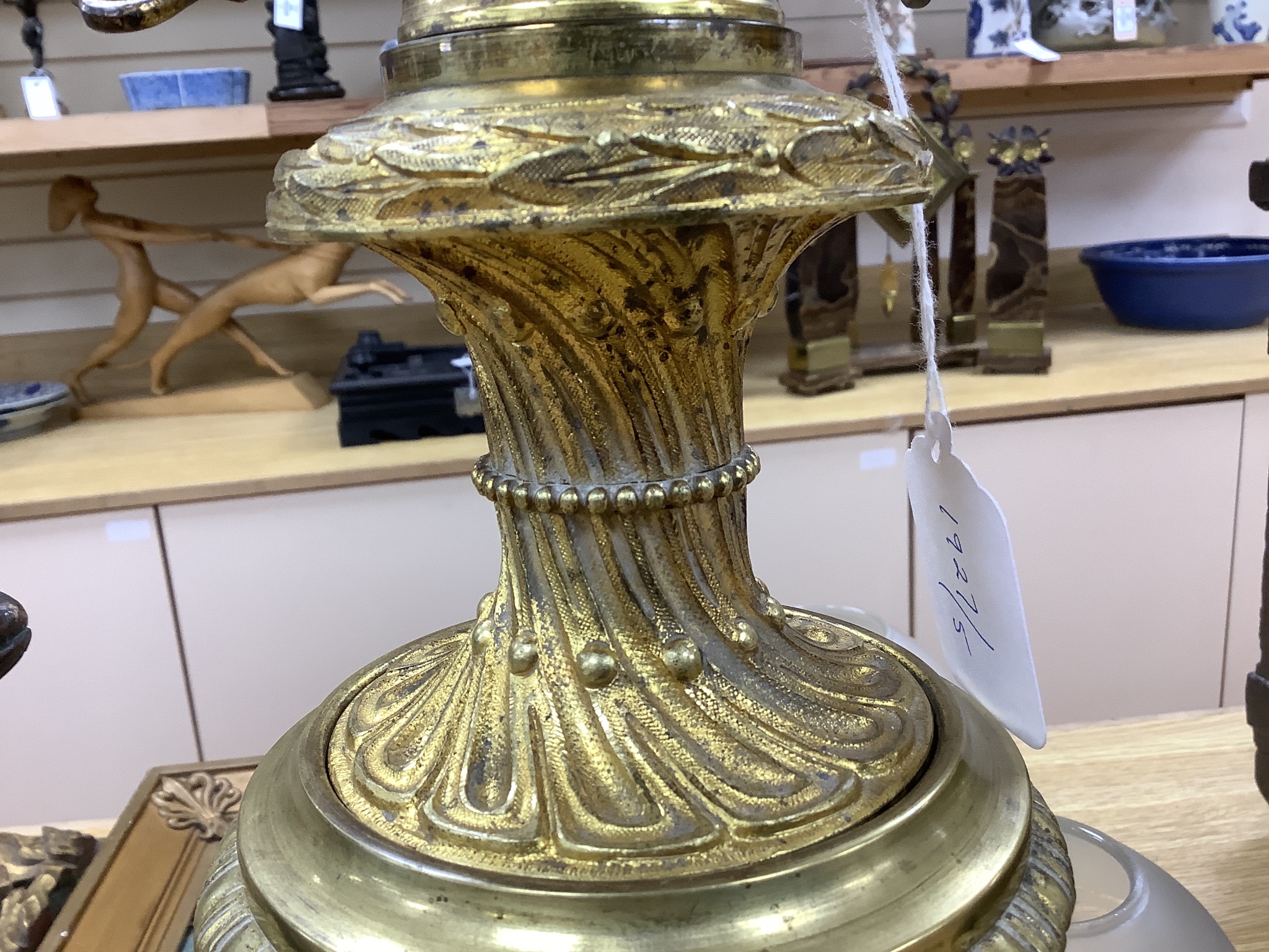 A pair of 19th century French ormolu and enamelled oil lamps, height 46cm